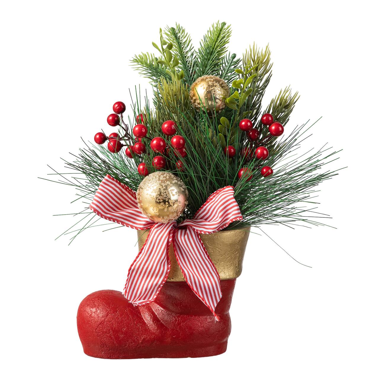 Glitzhome® 14" Christmas Red Boot with Pine Needle & Berry Centerpiece